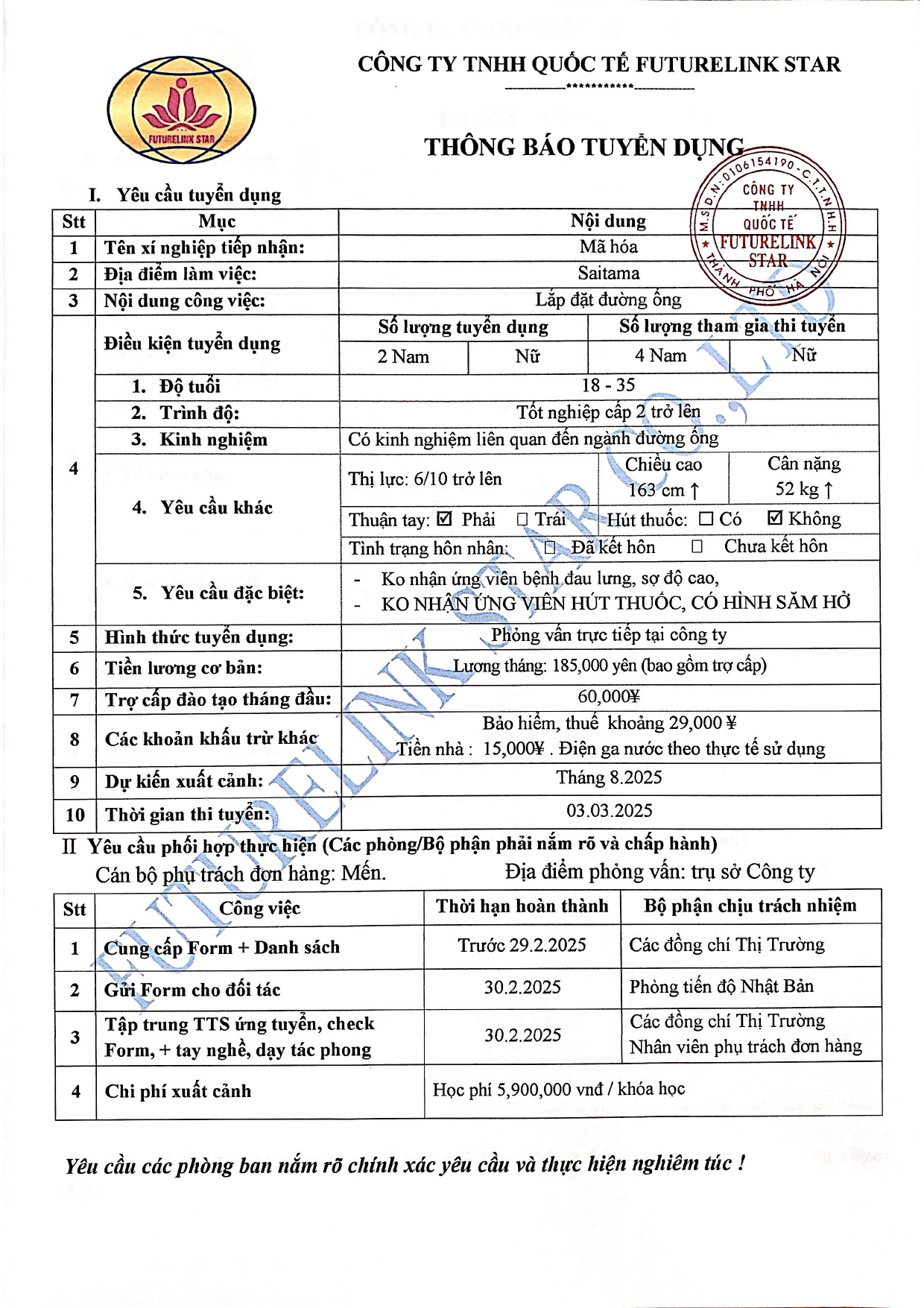 Tuyển 4 NAM - Lắp đặt đường ống - Đơn hàng đi Nhật tháng 02.2025