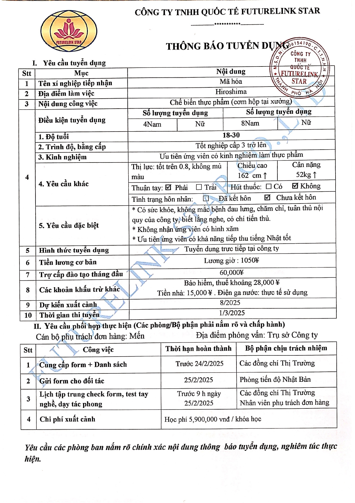 Tuyển 8 NAM - Chế biến thực phẩm (Chế biến cơm hộp tại xưởng) - Đơn hàng đi Nhật tháng 2.2025