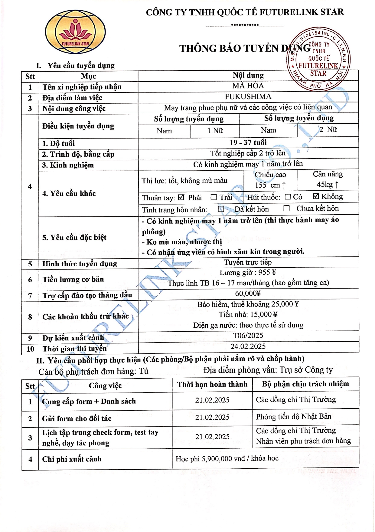 Tuyển 2 Nữ - May trang phục nữ đi Nhật Tháng 2.2025