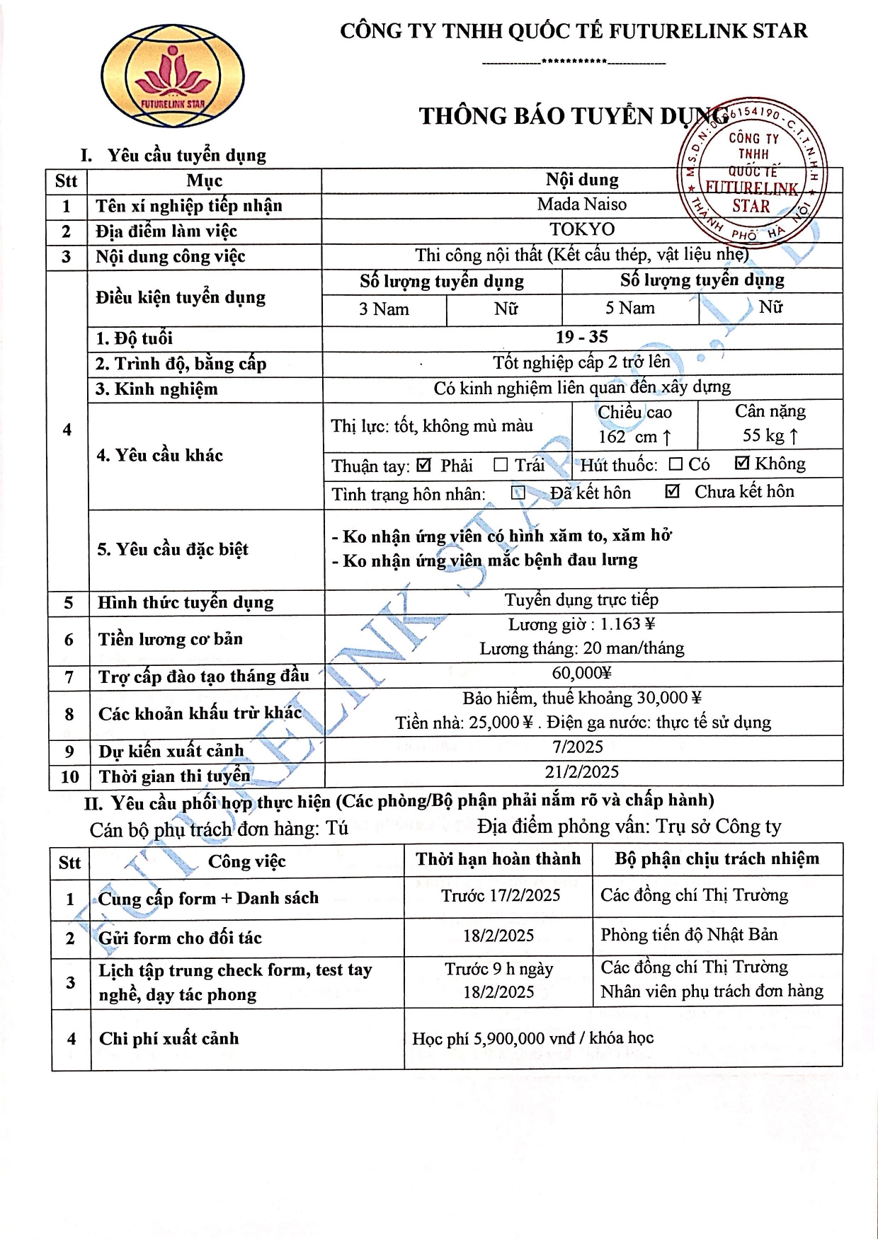 Tuyển 5 NAM - Thi công nội thất (Kết cấu thép, vật liệu nhẹ) - Đơn hàng đi Nhật tháng 02.2025