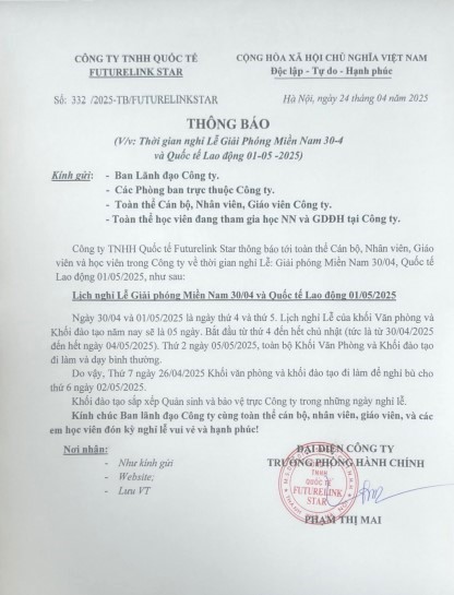 Thông báo nghỉ lễ 30/4 và 01/05 năm 2025 tại Futurelink Star