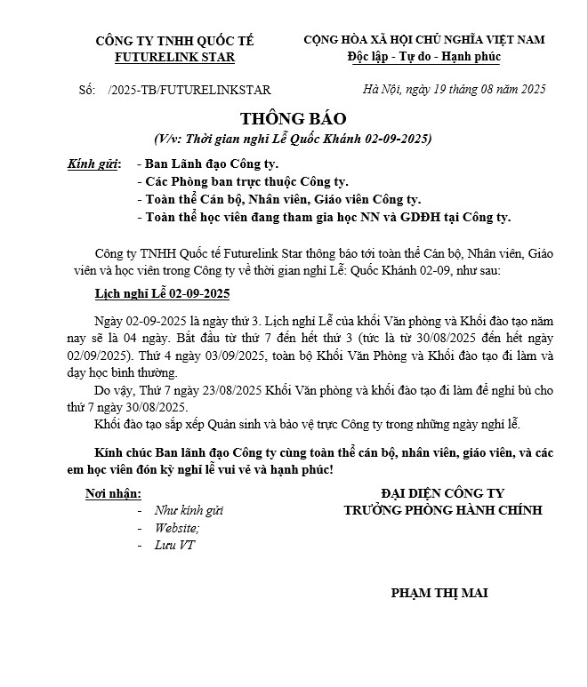 Thông báo nghỉ lễ quốc khánh 02/09/2025