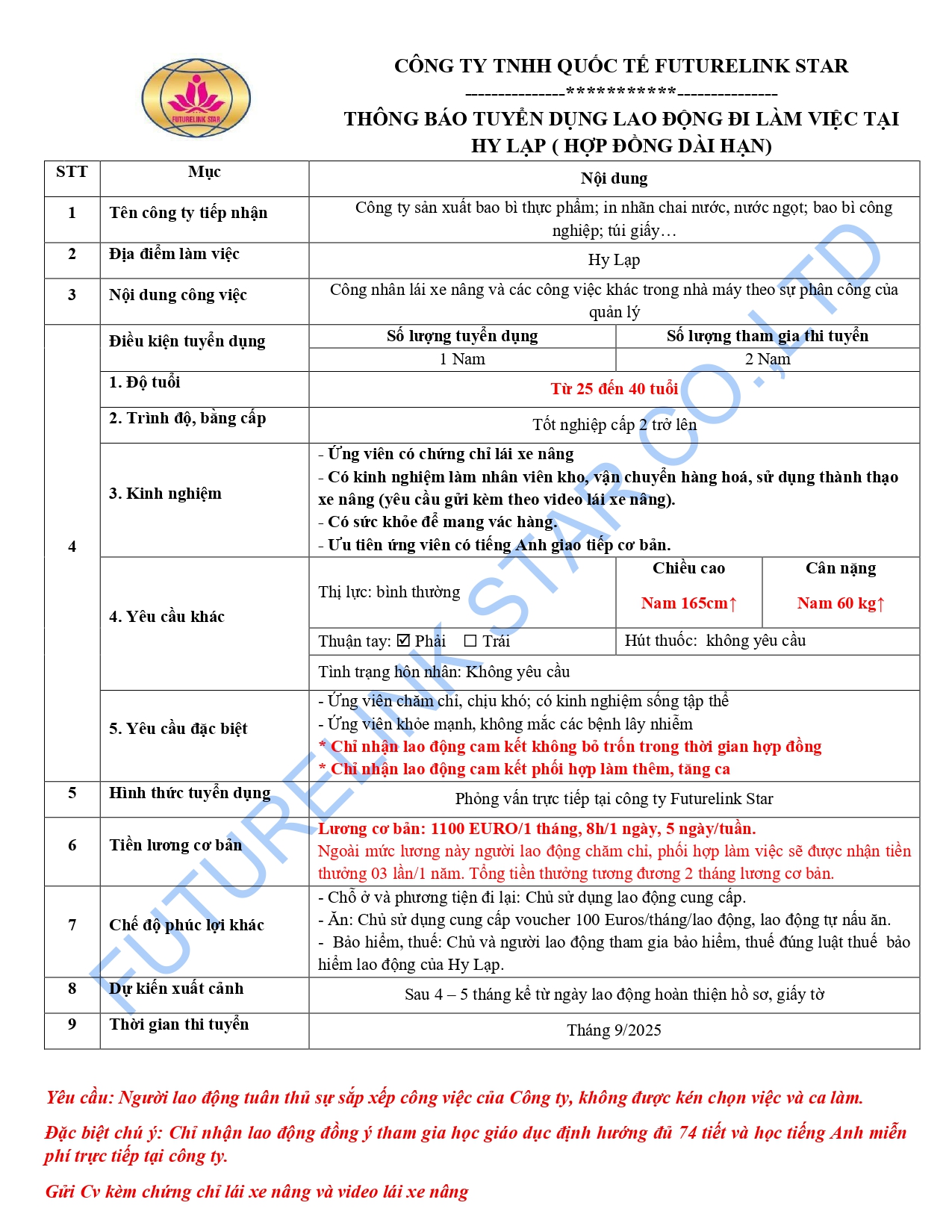 Tuyển công nhân lái xe nâng và các công việc khác trong nhà máy theo sự phân công của quản lý