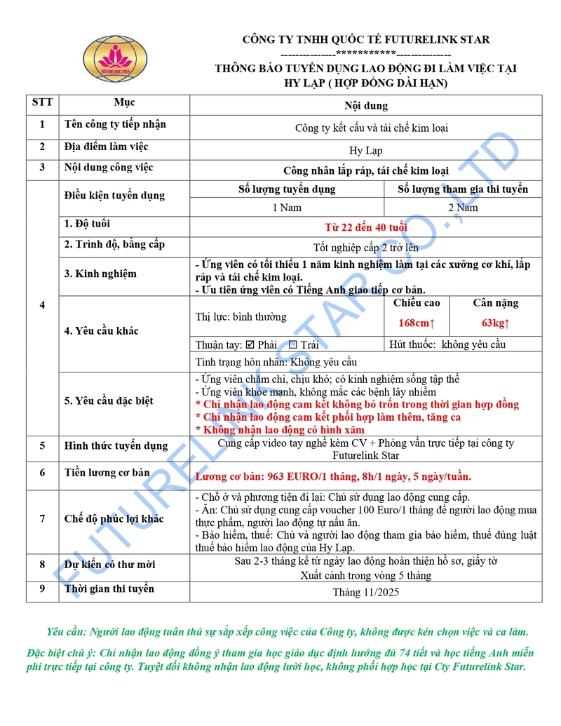 Đơn hàng tuyển công nhân lắp ráp, tái chế kim loại