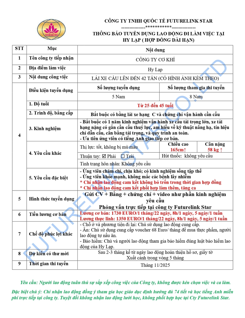 Đơn hàng lái xe cẩu công ty cơ khí