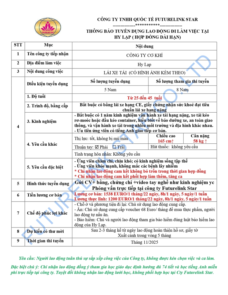 Đơn hàng lái xe tải công ty cơ khí 1