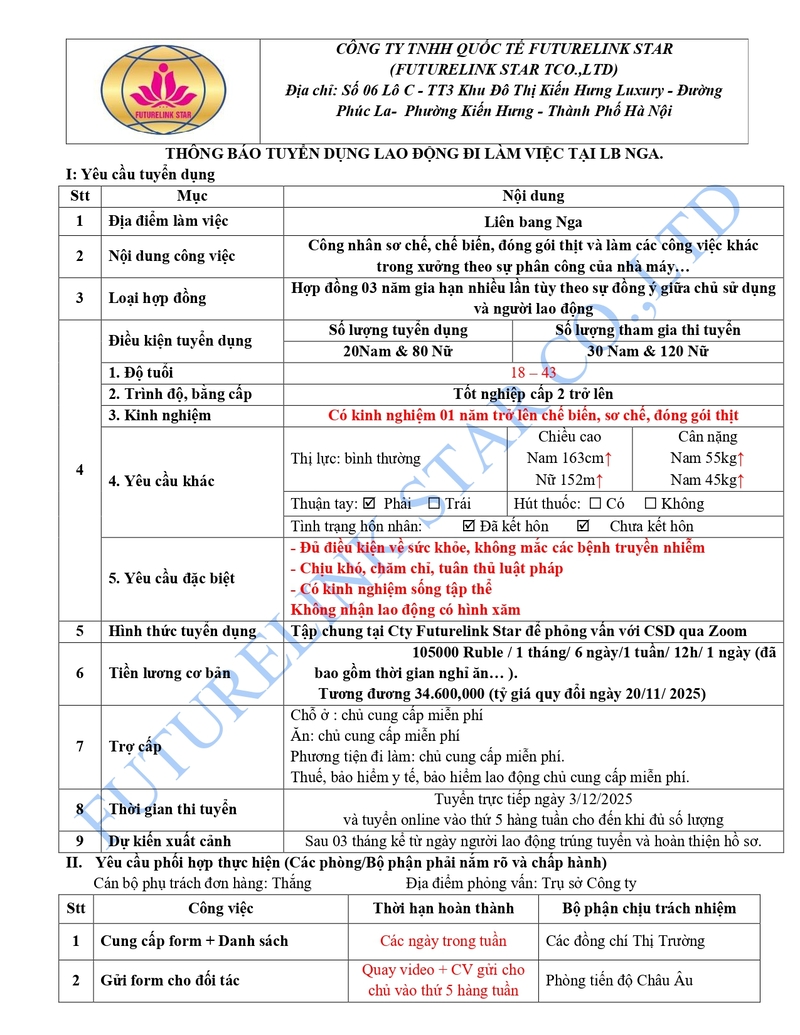 Đơn thực phẩm - Xuất khẩu lao động Liên Bang Nga