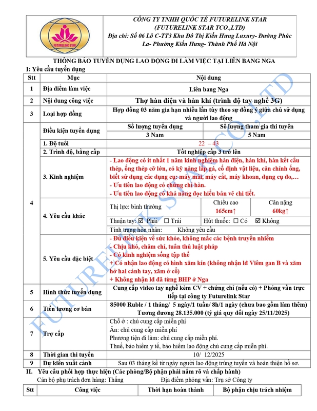 Đơn hàng hàn điện & hàn khí - XKLĐ Liên Bang Nga