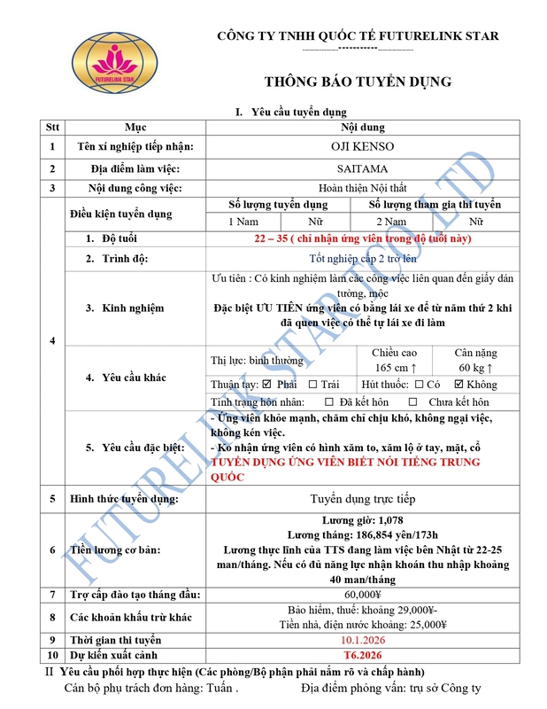 Tuyển Nam - Đơn hàng Hoàn thiện nội thất - Làm việc tại Saitama