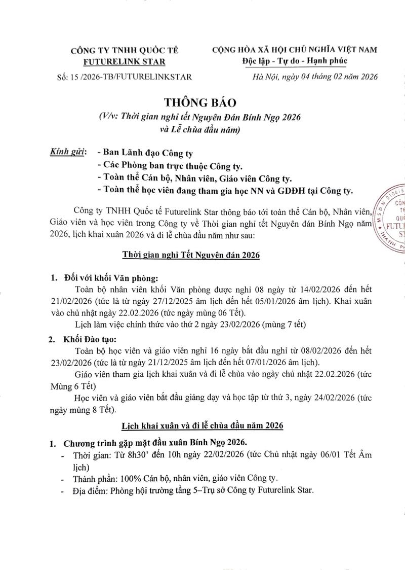 Futurelink Star thông báo lịch nghỉ tết nguyên đán bính ngọ 2026
