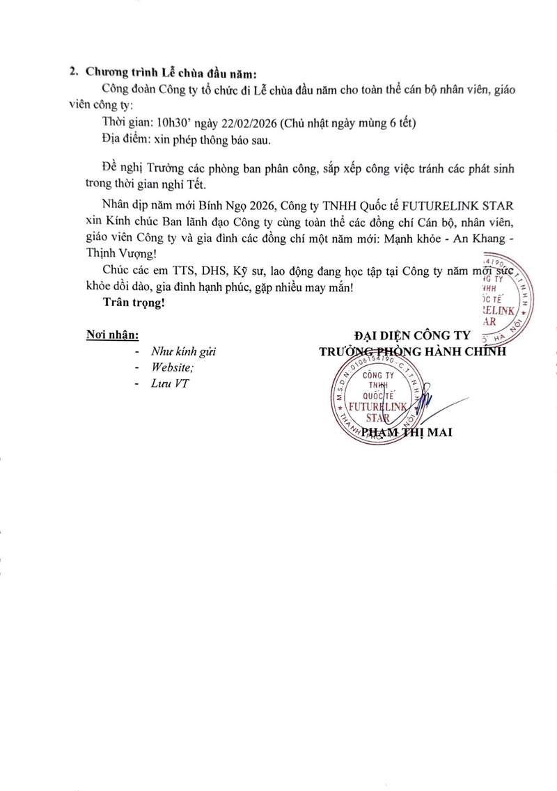 Futurelink Star thông báo lịch nghỉ tết nguyên đán bính ngọ 2026-2