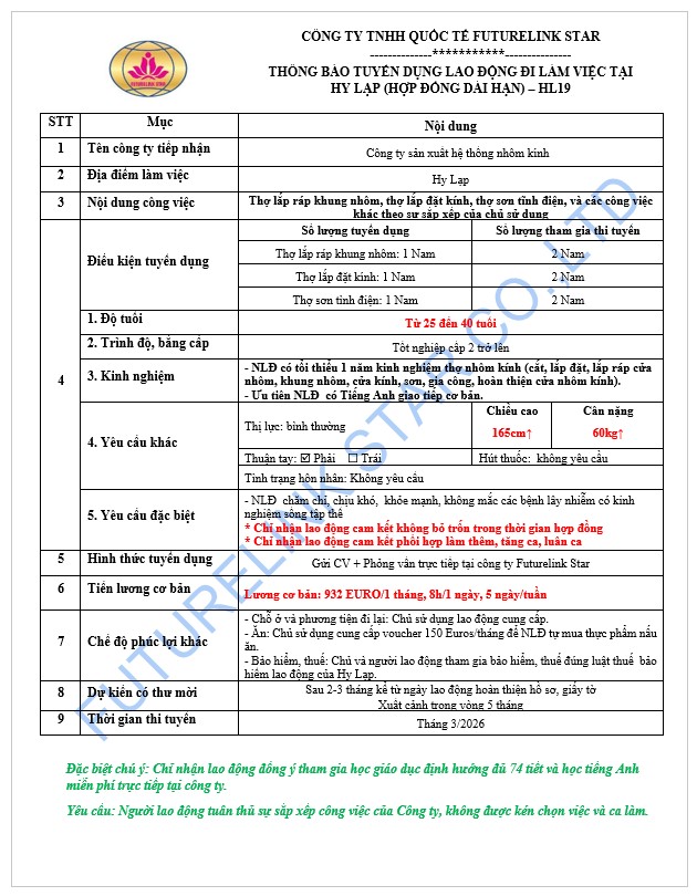 Tuyển thợ thi công, lắp đặt nhôm kính làm việc tại Hy Lạp