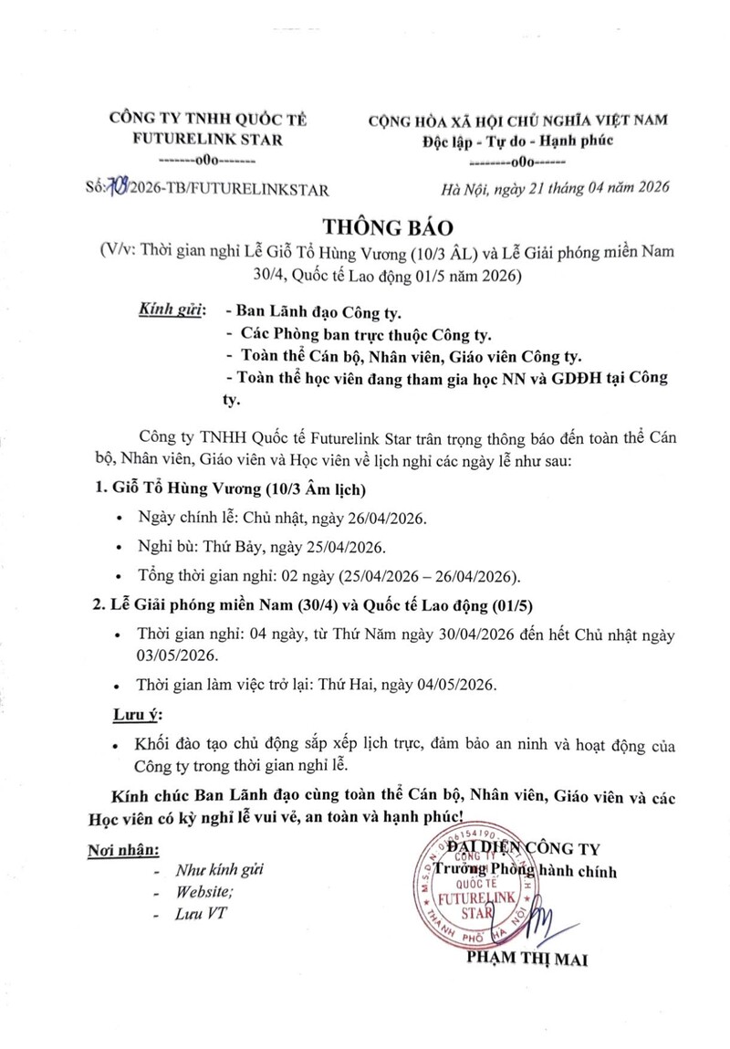 Thông báo nghỉ lễ giỗ tổ Hùng Vương và 30/4- 01/05 năm 2026