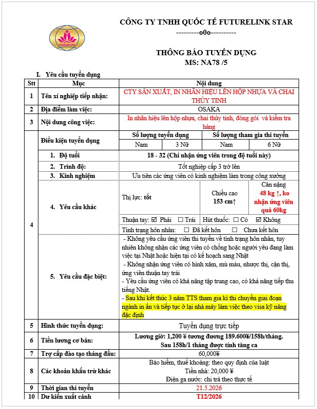 Tuyển 6 Nữ - Công ty sản xuất, in nhãn hiệu lên hộp nhựa và chai thuỷ tinh