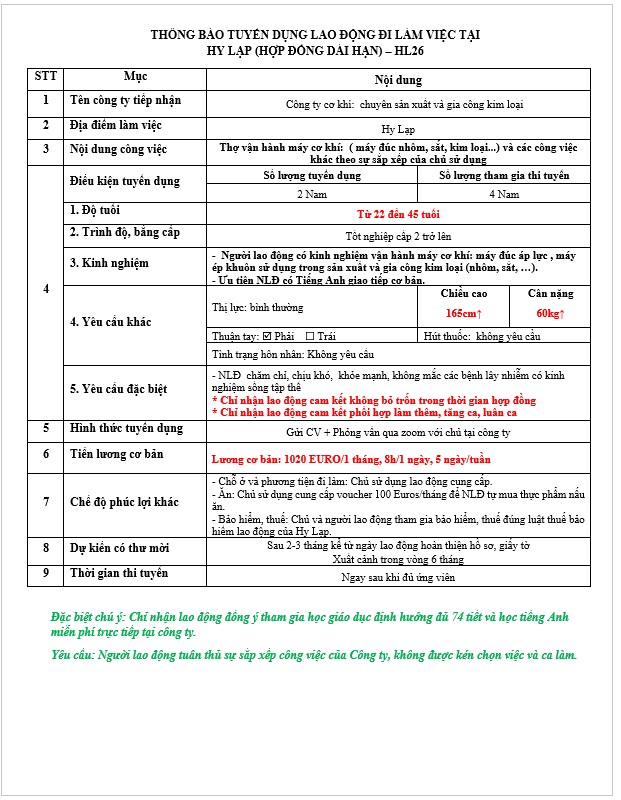 Tuyển 4 Nam - Thợ vận hành máy đúc kim loại - Công ty cơ khí - HL26