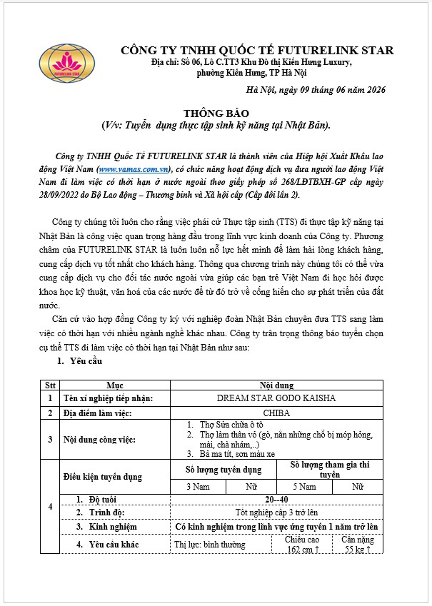 Đơn hàng tuyển thợ sửa chữa ô tô chiba - Nhật Bản tháng 6.2026