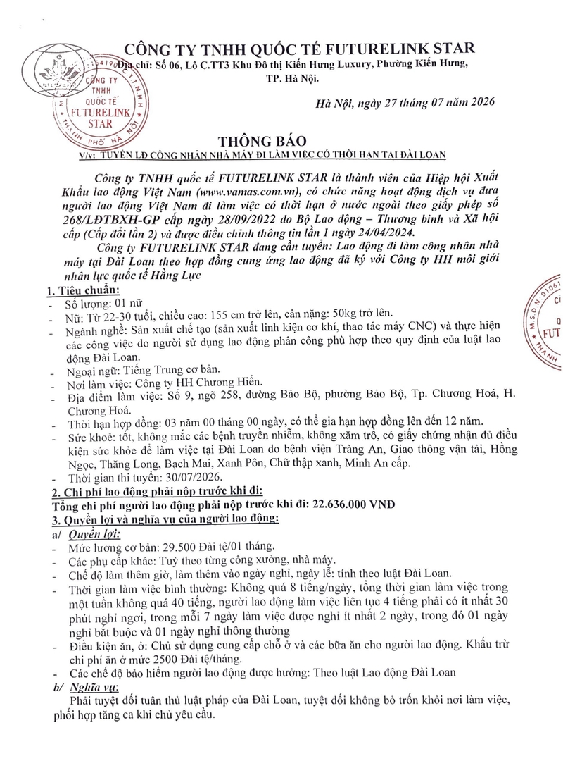 Tuyển 01 Nữ làm việc tại nhà máy sản xuất linh kiện cơ khí - Đài Loan