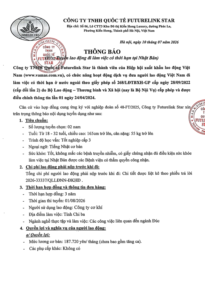 Tuyển 02 nam ngành Đúc - Làm việc tại Nhật Bản - Tháng 7.2026