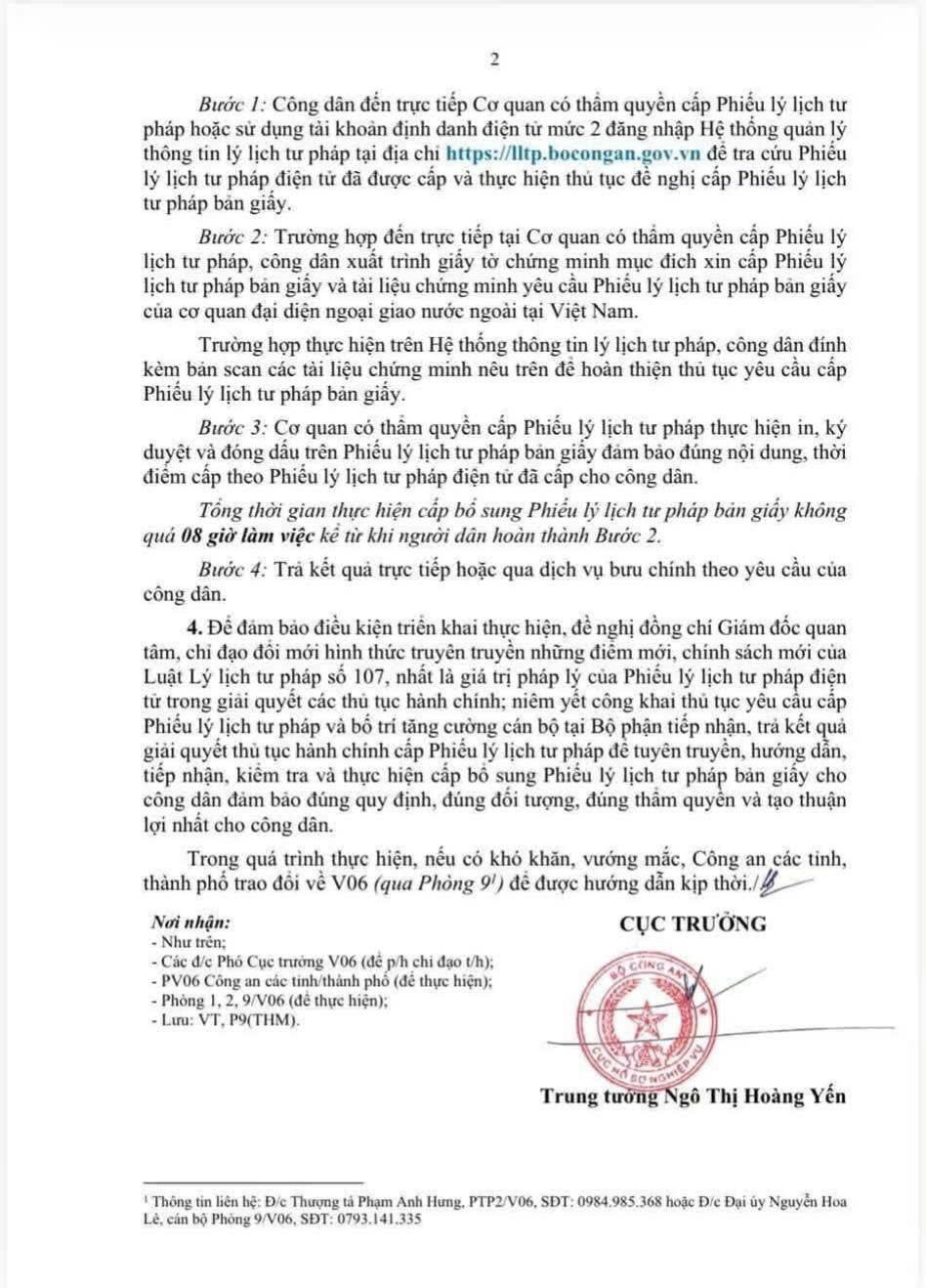 Thông báo số 1901V06-P9 Bộ công an về việc cấp bổ sung phiếu lý lịch tư pháp bản giấy