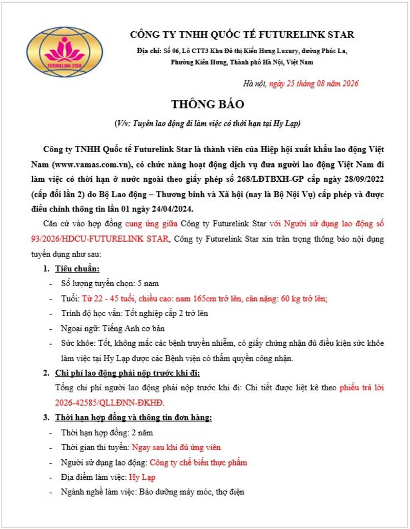 Thông báo tuyển lao động đi làm việc có thời hạn tại Hy Lạp - Kasidis