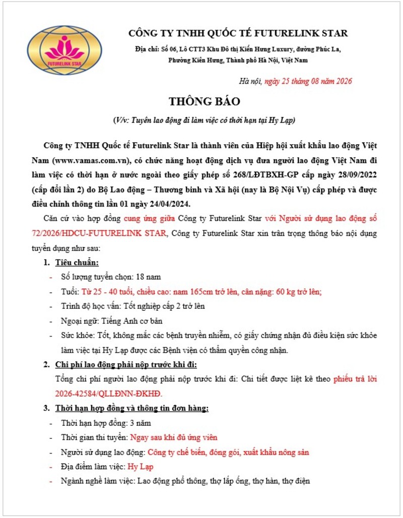Tuyển 18 lao động làm việc tại Hy Lạp Tháng 8.2026 - Deas