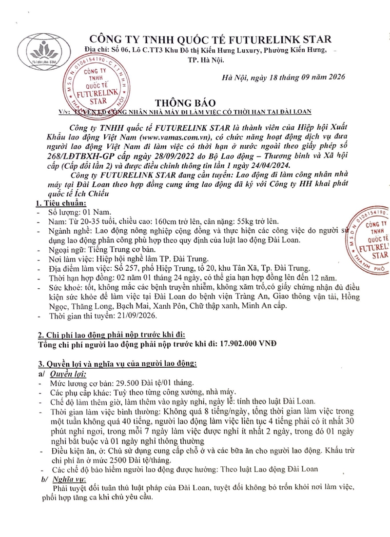 Tuyển 01 Nam làm nông nghiệp cộng đồng tại Đài Loan - Tuyển dụng tháng 09.2026