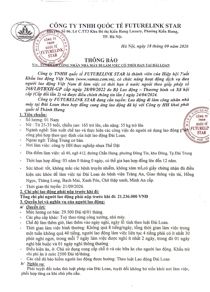Tuyển 01 Nam làm sản xuất chế tạo tại công ty nhựa - Đài Trung