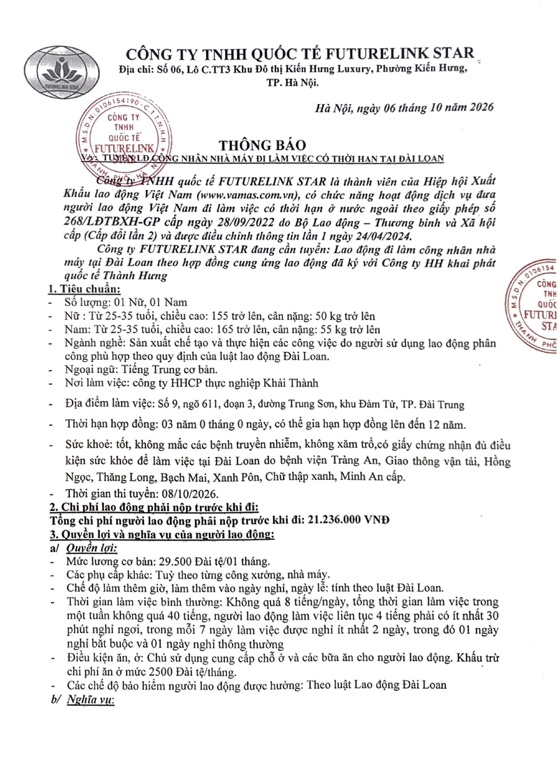 Tuyển 01 nam - 01 nữ làm việc tại Đài Trung - Đài Loan - Tháng 10.2026